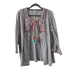 J Jill Linen Open Front Top Womens XS Striped Embroidered Cover Up Layer Piece